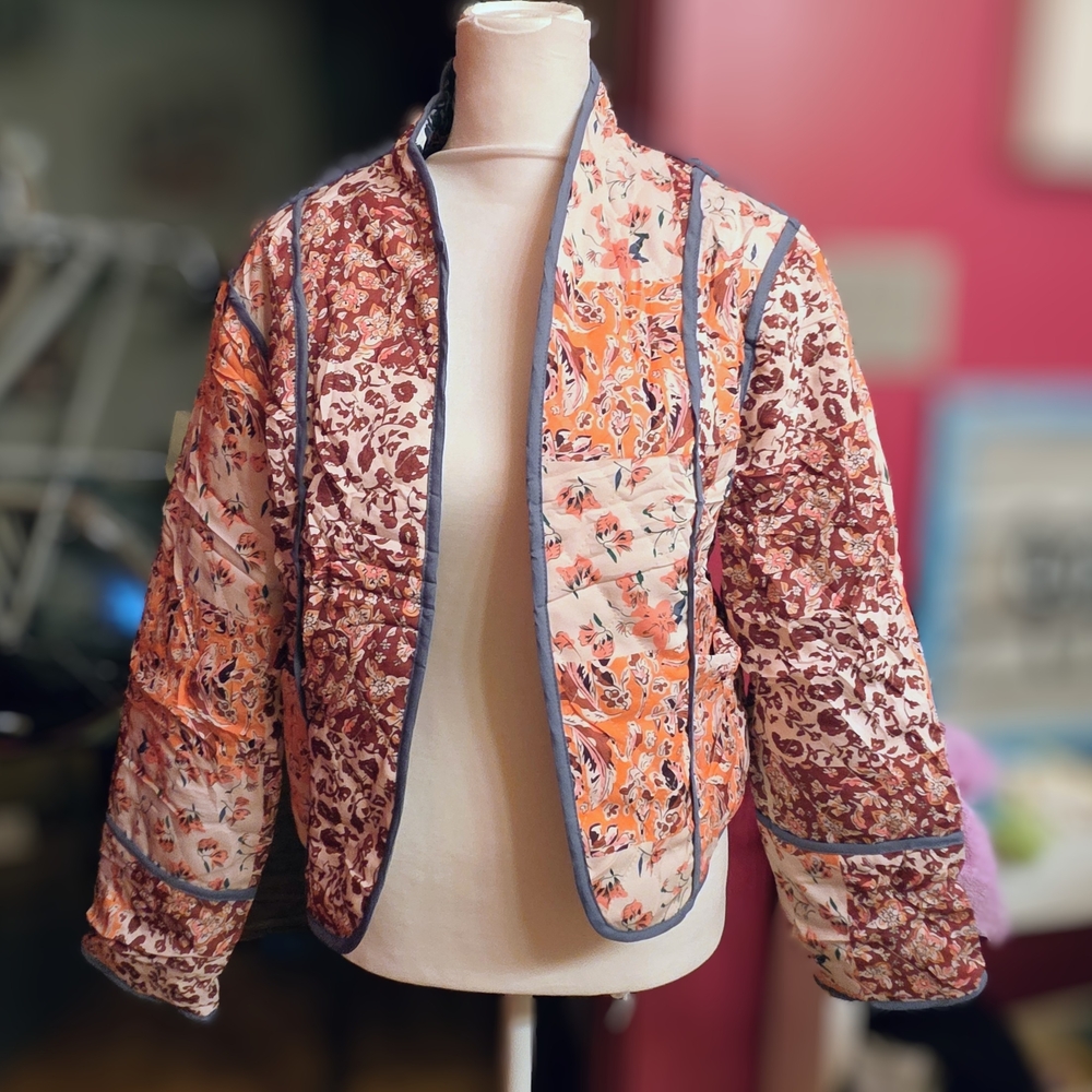 Quilted Reversible Floral Patchwork Bomber Jacket - Orange & Brown, Blue & Red